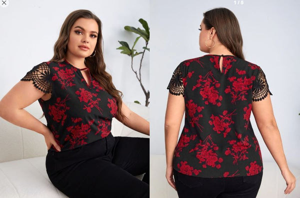 Shein Plus Keyhole Neck Lace Sleeve Floral Print Top, 4XL +