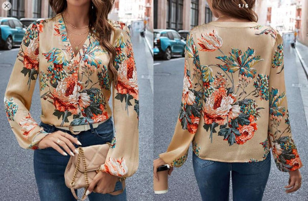 Shein Floral Print Lantern Sleeve Top, S /