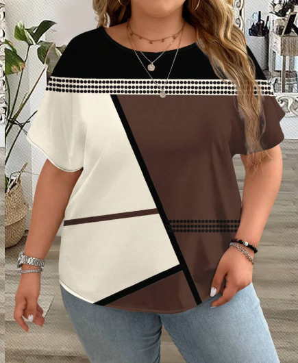 Shein Asymmetrical Pattern Colorblock Patchwork Round Neck Short Sleeve Blouse, XXL +