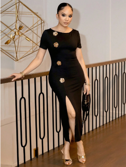 Shein Women's Elegant Office Graduation Bodycon Slit Dress, L -.