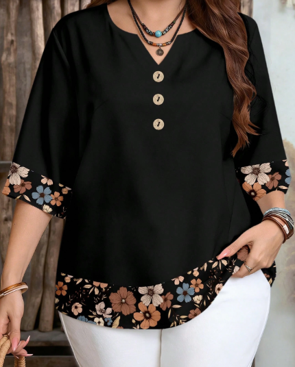 Shein Plus Size Casual Floral Print Textured Shirt -.