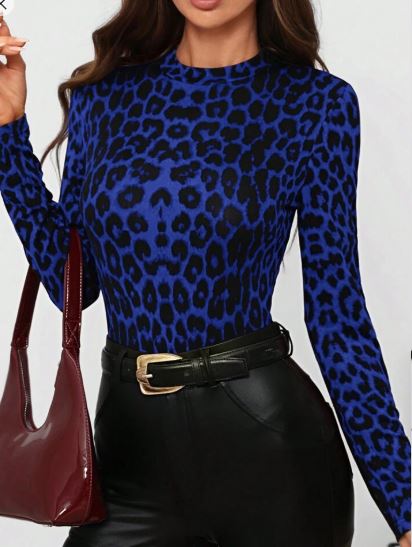 Shein Retro Chic Leopard Print Turtleneck Slim Fit Top, XL /