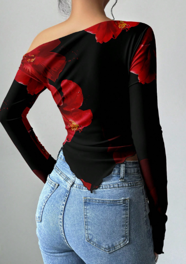 Shein Black And Red Tropical Floral Print T-Shirt, S -.