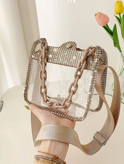 Shein Mini Rhinestone Decor Chain Square Bag Clear PVC /