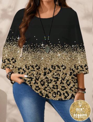 Shein Leopard & Golden Foil Print Casual Full Print Loose Fit Round Neck 3/4 Sleeve Blouse +
