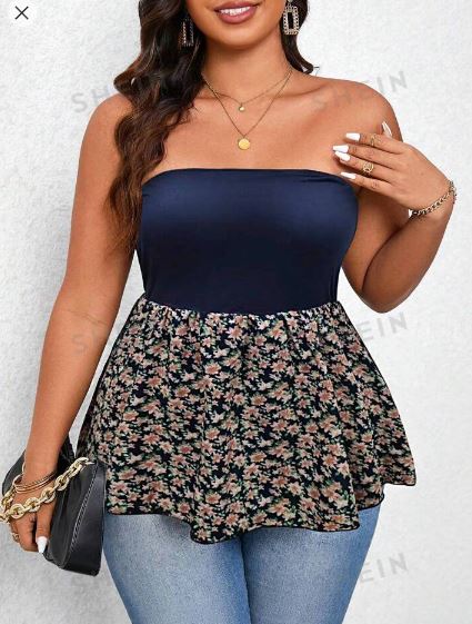 Shein Plus Size Casual Printed Splice Empire Waist Tube Top, XXL /