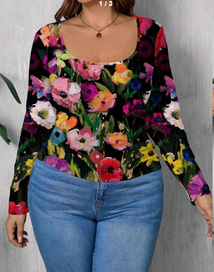 Shein Casual Minimalist Full Floral Print Plus Size Women Fitted T-Shirt, 4XL +