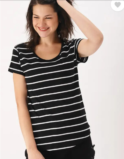 Shein Women Striped Round Neck Pure Cotton Black T-Shirt, XL +