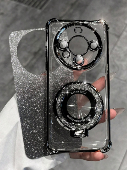 Luxury Electroplated Black Phone Case, Creative Rotating Ring Magnetic Holder, Sparkling Rhinestone Style, Anti-Fall And Shock-Proof>