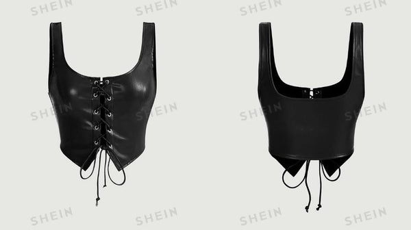 Shein Black Crossed Frenulum Lace Up Front PU Leather Tank Top, M */