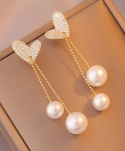 Shein Rhinestone Heart & Faux Pearl Decor Drop Earrings +