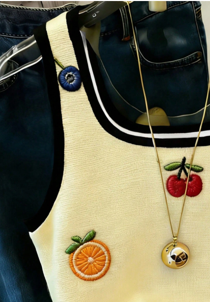 Shein Women Embroidered Fruit Print Loose Casual Contrast Stripe Regular Fitted Tank Top >