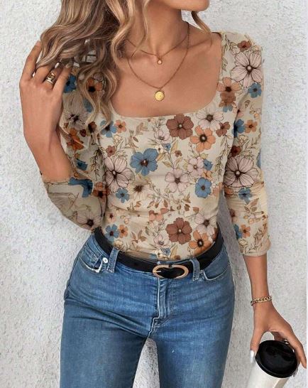 Shein Women Casual Vintage Floral Print Slim Fit Long Sleeve T-Shirt, M /