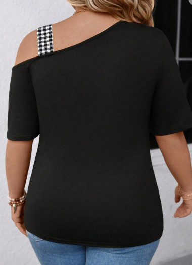 Shein Plus Size Women's Plaid Bow Neck Asymmetric Shoulder T-Shirt, 3XL -.