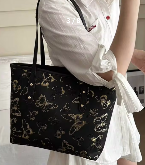 Shein 1pc Simple Black Nylon Butterfly Print Rivet Decor Large Capacity Tote Shoulder Handbag -.