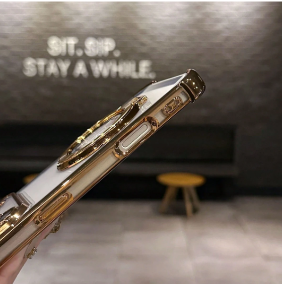 Luxury Electroplated Clear Gold Phone Case With Ring Magnetic Stand Holder>