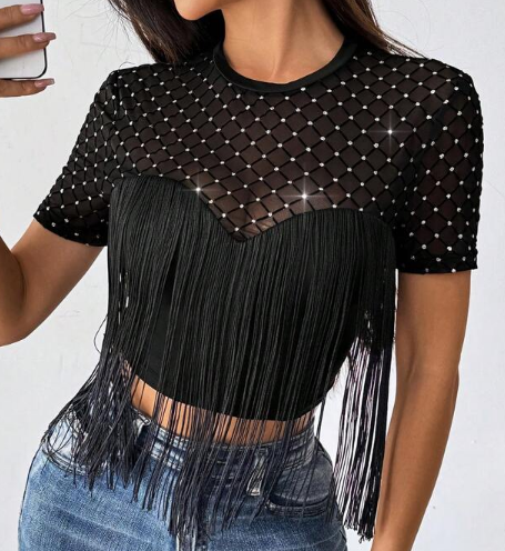 Shein Women's Shimmer Fringes Sexy Cropped Top, M +