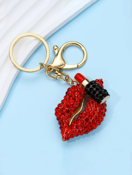 Shein 1pc Women's Creative & Fashionable Rhinestone-Studded Red Lips Keychain -.