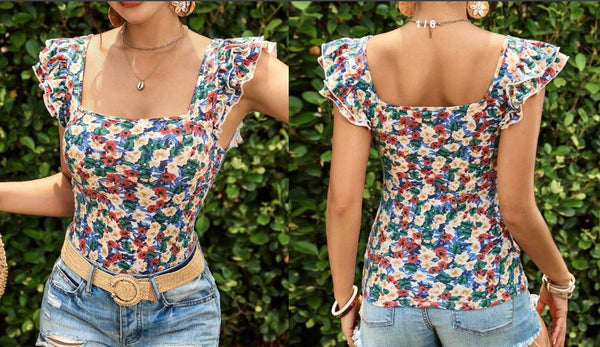 Shein Floral Print Slim Fit T-Shirt With Square Neckline & Short Flounce Sleeves /