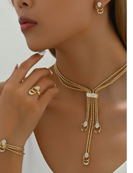 Shein Bohemian Vacation Inspired 4-Piece Jewelry Set Necklace, Earrings, Ring, And Bracelet Kit With Golden Plating And Exaggerated Set +