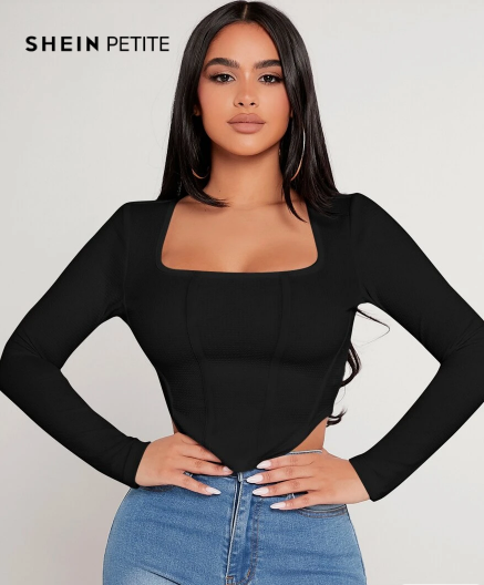 Shein Square Neck Asymmetrical Hem Crop Women Black Tee, M +
