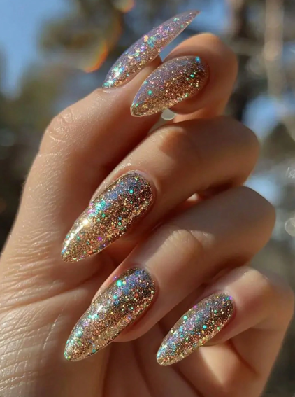 Shein 24pcs Champagne Glossy Press-On Nails, Almond Shape, With UV Coating, Gold Manicure +