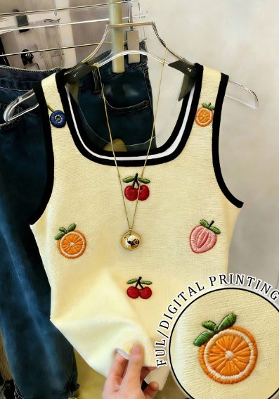Shein Women Embroidered Fruit Print Loose Casual Contrast Stripe Regular Fitted Tank Top >