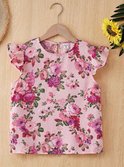 Shein Tween Girl Casual Floral Print Flying Sleeve Sweatshirt With Ruffle Hem, 12T
