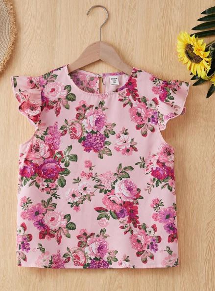 Shein Tween Girl Casual Floral Print Flying Sleeve Sweatshirt With Ruffle Hem, 12T