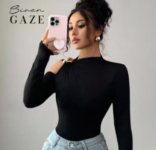 Shein Slim Long-Sleeved T-Shirt With Metal Button Decorated Hollow Off-Shoulder Top, XL>