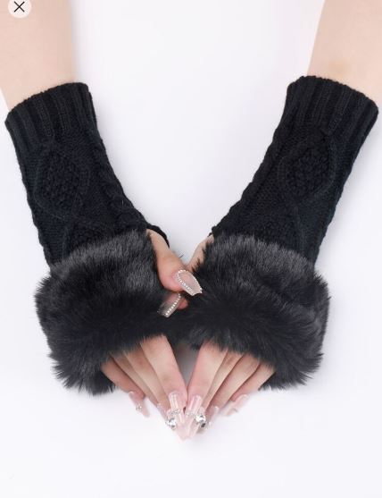 Shein 1pair Black Fingerless Short Knitted Gloves With Faux Fur Cuffs /