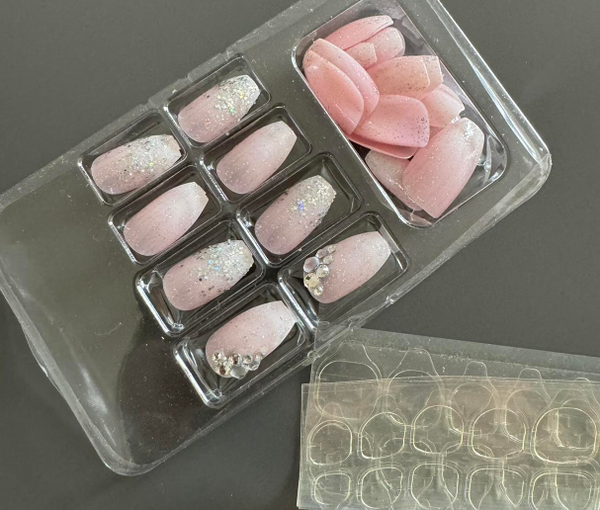Shein 24pcs Silver& Pink Glitter Press On Nails - French Manicure Design +