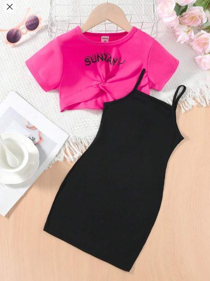 Shein Young Girls' Letter Printed Twist Knot T-Shirt And Cami Dress, 6T +