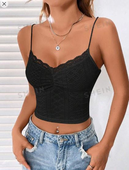 Shein Black Sexy Contrast Lace Ruched Bust Cami Short Style Top, XS /