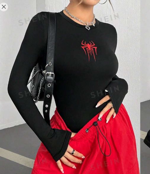 Shein Women's Knitted Base Spider Print T-Shirt-Black /