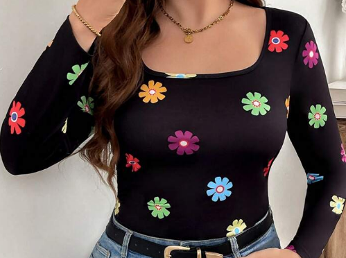 Shein  Women Floral Print Slim Fit Long Sleeve T-Shirt, L +