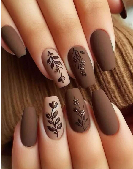 Shein 24 Short Square Nails, Matte Deep Brown With Simple Botanical Design +
