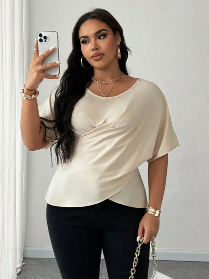 Shein Elenzga Plus Size Women Criss-Cross Neckline Short Sleeve Elegant Blouse, 0XL +