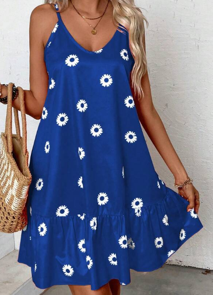 Shein V-Neck Backless Floral Printed Ruffled Hem Dress +