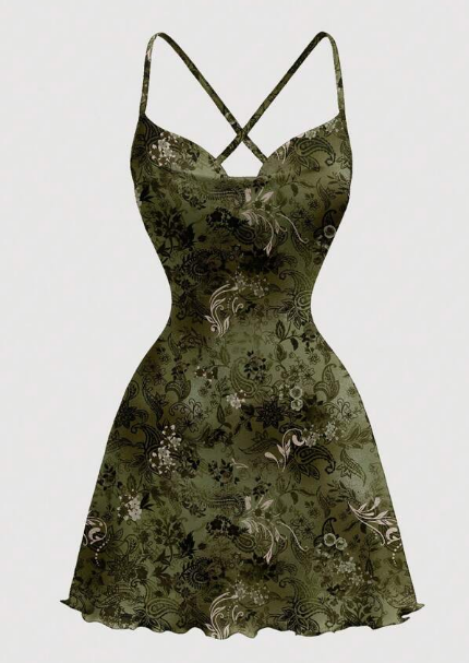 Shein Women's Green Printed Draped Neck Cami Mini Dress, XL +