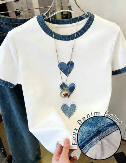 Shein Women's White T-Shirt With Denim-Effect Color-Blocked Heart Print, XL