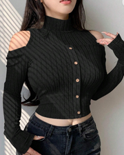 Shein Designer Women's Stand Collar Cold Shoulder Long Sleeve T-Shirt, XL-.