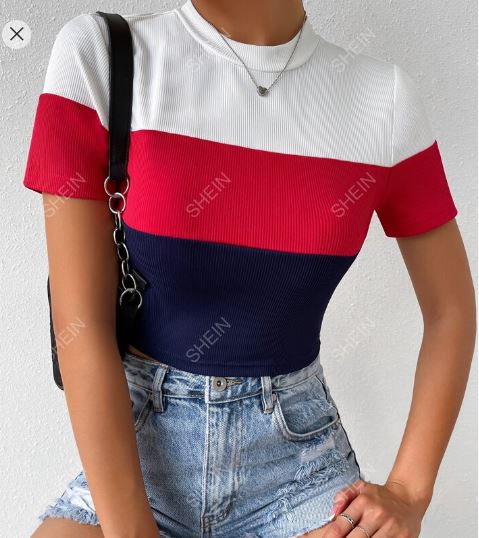 Shein Color Block Mock Neck Rib Knit Tee +