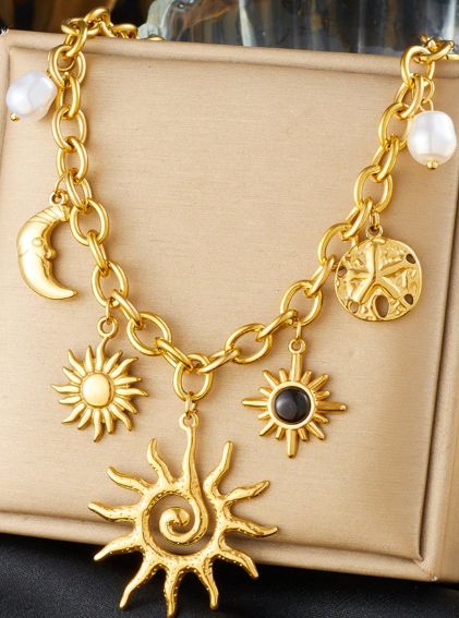 Shein 1pc Vintage Multi-Element 18k Gold Plated Stainless Steel Black Gem Sun & Moon Pendant Necklace +