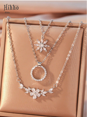 Shein 3pcs/Set Floral Circle Pendant Design Personalized Creative Necklace Set With Cz Stone Inlay>