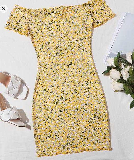 Shein Ditsy Floral Print Off Shoulder Lettuce Edge Dress, M +