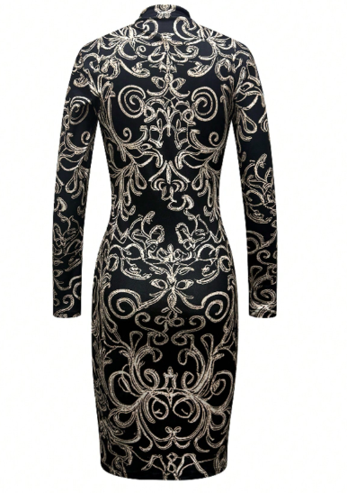 Shein Baroque Print Mandarin Collar Long Sleeve Fitted Elegant Chinese Style Dress, S >