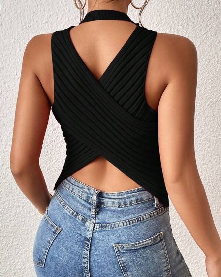 Shein Backless Wrap Cross Knit Top, M */