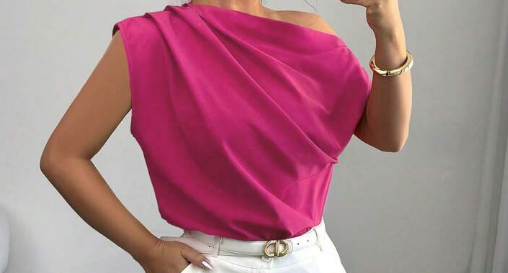 Shein Women's Minimalist Solid Color Ruched Asymmetrical Shoulder Blouse, L +