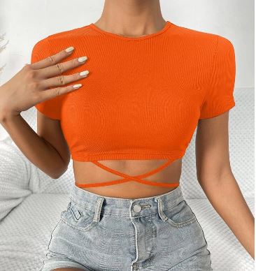 Shein BAE Neon Orange Crisscross Tie Back Crop Tee, M */